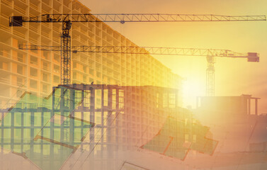 Poster - The concept of urban construction in yellow tones. Construction documentation, walls of future houses and cranes are illuminated by the sun. Construction of multi-storey buildings.