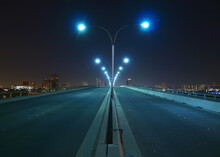 Night View Of Empty Queens Way Bridge Near Los Angeles In Long Beach, California