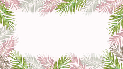 Tropical frame with watercolor palm leaves in pastel colors.