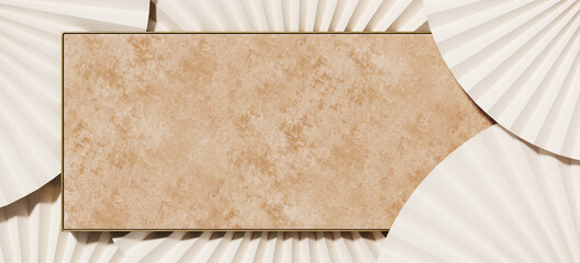 Poster - minimal beauty mockup for product presentation. beige velvet tray and brass edge with paper fan meda