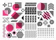 Memphis set, pink, purple, black geometric shape collection, abstract shapes, circles, zigzags, lines, waves, isolated on white background, design elements, seamless patterns