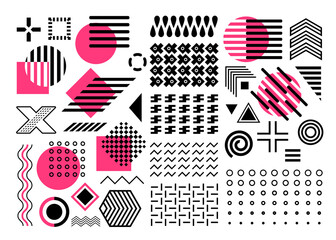 Wall Mural - Memphis set, pink, purple, black geometric shape collection, abstract shapes, circles, zigzags, lines, waves, isolated on white background, design elements, seamless patterns