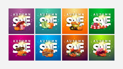  Autumn sale, large collection of square discount banners with 3D text and autumn elements. Green, orange, purple, blue and pink autumn discount banners