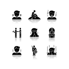 Sticker - Negative feelings drop shadow black glyph icons set. Bad emotions, psychological states. Human behaviour, reactions and emotional expressions. Isolated vector illustrations on white space