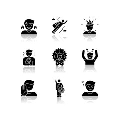 Wall Mural - Human emotions drop shadow black glyph icons set. Different psychological states and negative emotions. Emotional behaviour, personal qualities. Isolated vector illustrations on white space