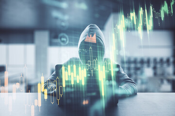 Poster - Unrecognizable hacker using laptop with stock chart and  business statistics hologram.