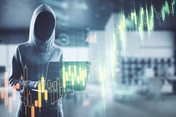 Poster - Hacker using laptop with glowing stock chart