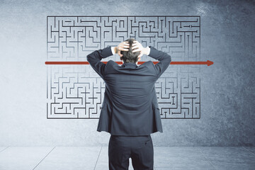 Poster - Scared businessman  looking on creative labyrinth sketch