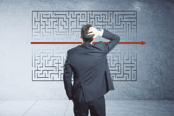 Poster - Thinking businessman  looking on creative maze sketch