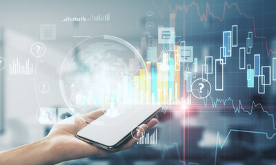 Aufkleber - Hand holding cellphone with business report