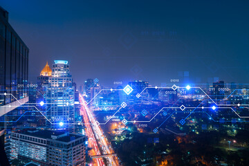 Information flow hologram, night panorama city view of Bangkok. The largest technological center in Asia. The concept of programming science. Double exposure.