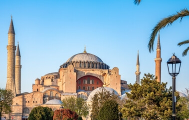 Wall Mural - Istanbul Turkey – April 05, 2019:  Sunny day architecture and Hagia Sophia Museum, in Eminonu, istanbul, Turkey  