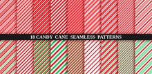 Candy Cane Stripe Seamless Pattern. Vector. Christmas Candycane Background Red And Green. Wrapping Paper. Set Of Holiday Textures. Peppermint Caramel Diagonal Print. Classic Winter Illustration.