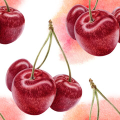 Wall Mural - Hand drawn watercolor sweet cherry seamless pattern with watercolor spine on white background.