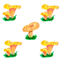 Watercolor seasonal mushrooms on a white background. Seamless pattern.