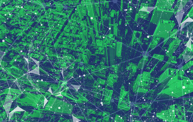 Poster - technology screen with abstract network patterns and manhattan ny skyscrapers