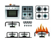 Gas stove, top, side, front view Cooktop top view stove (Gas stove icon with round blue flame)