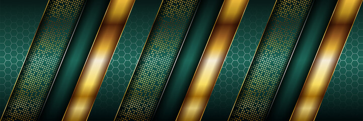 Poster - luxury dark green overlap background with realistic gold line and hexagon on shiny golden