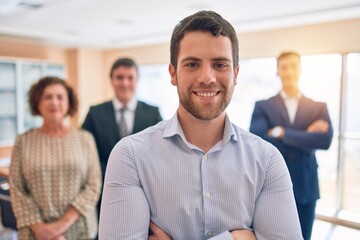 Business lawyers workers meeting at law firm office. Professional executive partners working on finance strategry at the workplace. Leader worker standing confident looking at the camera.