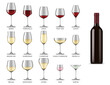 Wine glasses types, white and red wine alcohol drink cups, vector realistic mockup isolated set. Wine glasses shapes and types for Bordeaux, Shiraz, Chardonnay, martini and prosecco wine and champagne