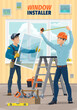 © Vector Tradition - Window installer workers, house construction and carpenter service, vector. Plastic window glass installation, home remodeling, repair and renovation carpentry work tools, level and measuring tape