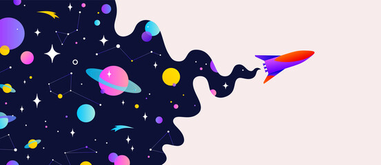 Universe. Motivation banner with universe cloud, dark cosmos, planet, stars and rocket spaceship. Banner template with universe starry dark night dream background. Vector Illustration