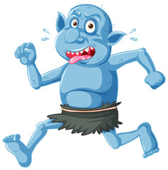 Poster - Blue goblin or troll running pose with funny face in cartoon character isolated