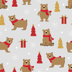 Wall Mural - Cute brown bear and Christmas tree seamless pattern. Holidays background and banners. Animal wildlife cartoon character in winter.