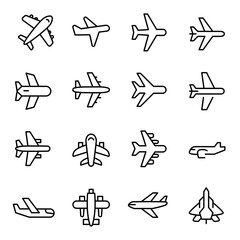 Sticker - Simple set of airplane icons in trendy line style.