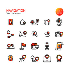 Poster - Set of line flat navigation icons. Map location, pin, destination, GPS, mobile phone, distance marker, traffic light. Vector on isolated white background. Eps 10