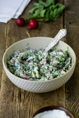 Wall Mural - Salad with radish, dill and sour cream on a rustic background
