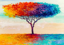 Oil Painting Landscape. Colorful Autumn Tree. Abstract Style.