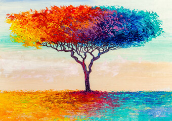 oil painting landscape. colorful autumn tree. abstract style.