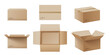 Realistic cardboard box mockup set from side, front and top view