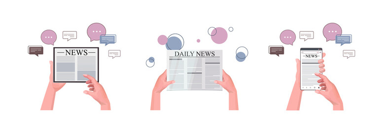 Poster - set human hands using digital gadgets reading daily news online newspaper press mass media chat bubb