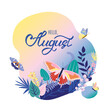 © MySunShine - Monthly calendar page with hand drawn lettering Hello August. Colorful summer card or background with beautiful butterflies, leaves, grass and flowers. Vector illustration.