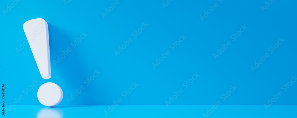 White exclamation mark or point symbol leaning against blue wall in blue floor room with copy space, solution, alert or info concept - obrazy, fototapety, plakaty 