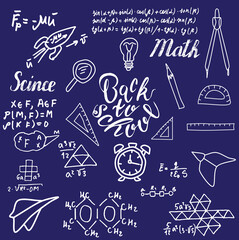 Vector background.  illustration in Doodle style. Back to school. Inscription, scientific formulas, drawings on the blackboard.Scientific and educational base. For notebooks, notebooks, postcards.