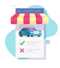 Poster - Vehicle auto rental mobile store vector with comparing cars and choosing features online website or auto web digital internet shop with automobiles history details, buying or selling tech