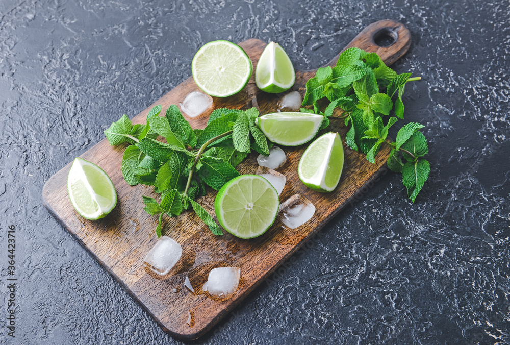 Ingredients for fresh mojito on dark background
