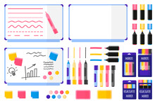 Set of vector cartoon illustrations with magnetic board, colored markers, sponge, stickers, magnets on white background