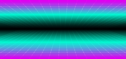 Wall Mural - Abstract 90s retro style technology futuristic concept grid perspective on black background