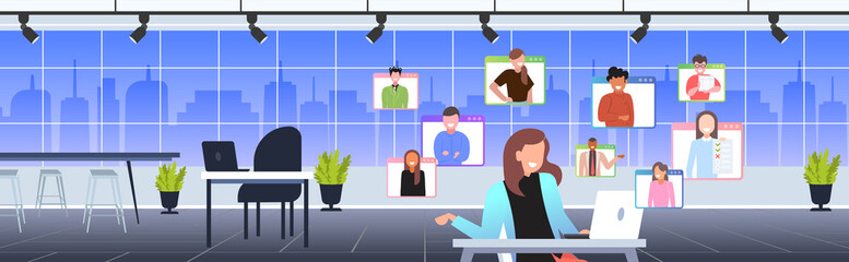 Poster - businesswoman having online briefing or consultation during video call remote work quarantine isolation concept business woman usilng laptop at workplace living room interior portrait vector