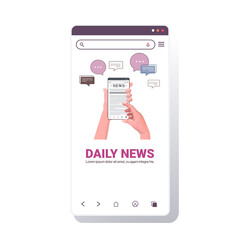 Poster - human hands using cellphone reading daily news online newspaper press mass media chat bubble communi