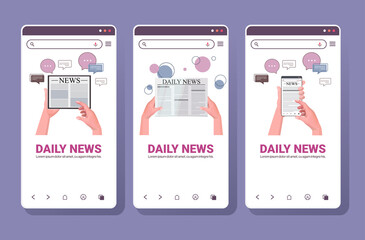 Poster - set human hands using digital gadgets reading daily news online newspaper press mass media chat bubb