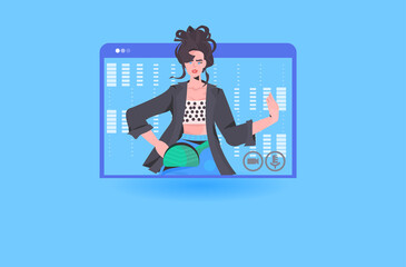 Poster - businesswoman having online briefing or virtual conference during video call remote work quarantine isolation concept business woman in web browser window portrait vector illustration