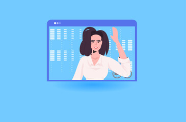 Poster - businesswoman having online briefing or virtual conference during video call remote work quarantine isolation concept business woman in web browser window portrait vector illustration