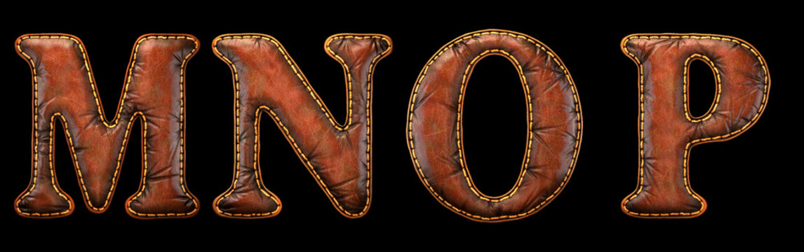 Set of leather letters M, N, O, P uppercase. 3D render font with skin texture isolated on black background.