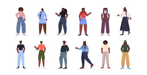 Wall Mural - set people in casual trendy clothes african american men women standing in different poses male female cartoon characters collection full length isolated horizontal vector illustration