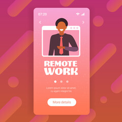 Poster - businessman having online consultation during video call remote work quarantine isolation concept african american guy in web browser window smartphone screen portrait vector illustration